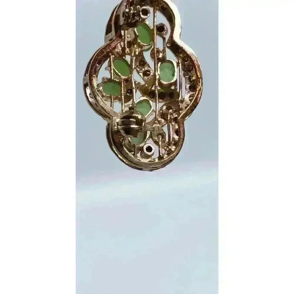 Vintage Brooch Jade 10k Gold Filled Rhinestone Accents art deco Flower Leaves - Picture 7 of 13